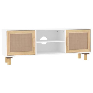 Stolik pod TV, biały, 105x30x40 cm, drewno sosnowe i rattan
