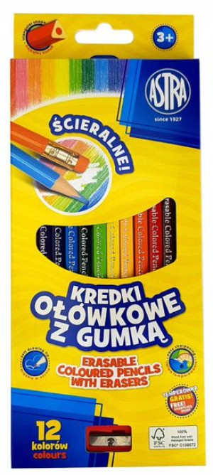 Kredki ołówkowe z gumką 12 kolorów Astra 312119001