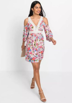 Sukienka Rękaw 3/4 Cold Shoulder Koronka Falbany Kwiaty 36-38 926292