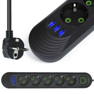 Listwa sieciowa 5 m | 5 gniazda + 3x USB | czarna LH-F05U