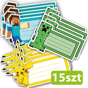 Naklejki na zeszyty 15 sztuk PIKACHU i MINECRAFT