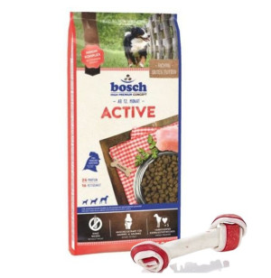Bosch Active, drób (nowa receptura) 15kg + MACED Kość Wiązana Biała Bekon 2