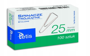 Spinacze Tetis Trójkątne Metalowe, 25mm, Srebrne