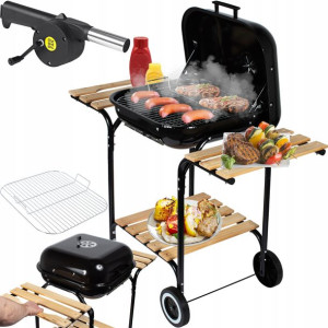 Grill Węglowy Duży Ogrodowy Z Półkami + Dmuchawa