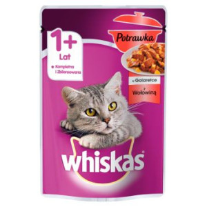 Pakiet 6szt WHISKAS Potrawka 1+ Pokarm dla Kotów z Wołowiną w Galaretce