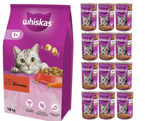 Whiskas Adult Wołowina 14kg + Kaczka 12x 400g