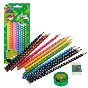 Kredki ołówkowe CRAZY DINO 12szt. Gumka Temperówka KIDS
