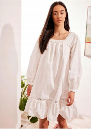 Bonprix Kremowa Sukienka Oversize Boho Z Koronką Falbana 36-38 933102