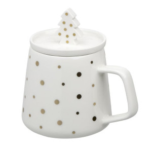 Kubek do kawy i herbaty porcelanowy z pokrywką Choinka biały 370 ml (opakow