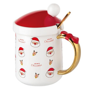 Kubek do kawy i herbaty porcelanowy z pokrywką i łyżeczką 350 ml (opakowani