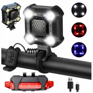 Lampka Rowerowa Led Usb Przód Mocna + Tył +klakson