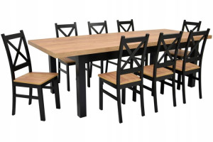 Stół 90x170/250 cm i 8 krzeseł z drewna Krzyżak