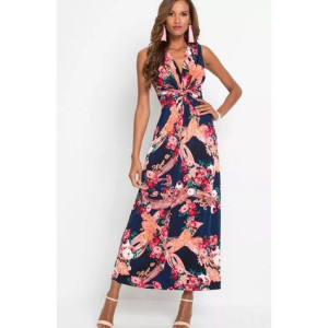 Bonprix Kolorowa Długa Sukienka Maxi Letnia Kwiaty Marszczenie 40-42 945342