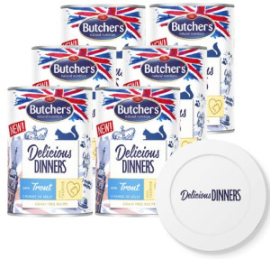 BUTCHER'S Delicious Dinners z pstrągiem kawałki w galaretce 6x400g (kot) +