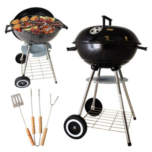 Grill Ogrodowy Węglowy Okrągły Pokrywa Ruszt Kółka Bbg1001