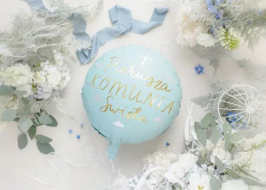 Balon foliowy - komunia święta - 45 cm - błękitny