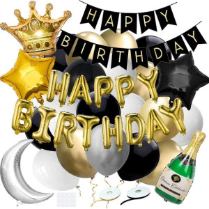 Balony na urodziny 53 szt. dekoracje z napisem happy birthday złoty/czarny/