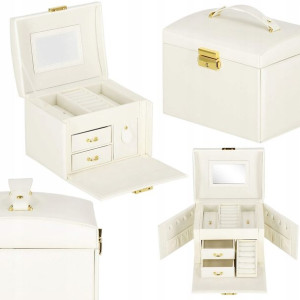 Szkatułka na biżuterię ekoskóra 17,5x12x13,5 cm kremowy organizer z przegró