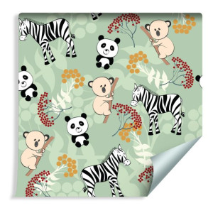 Tapeta Flizelinowa dla Dzieci ZEBRY Misie Koala i Pandy wśród Roślin