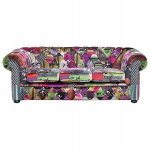 Sofa 3-osobowa Patchworkowa Fioletowa Chesterfield