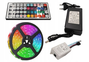 Kolorowa Taśma Led Ledowa 5m Rgb Pilot Zasilacz