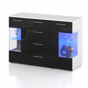 Komoda 4 Szuflady 150 Cm Led Witryna Połysk Czarny