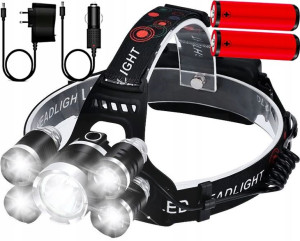 Mocna Latarka Czołowa 5 X Led T6 Cree Czołówka Aku