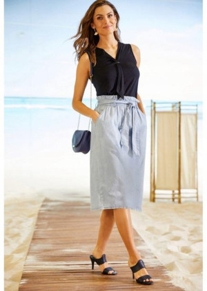Bonprix Jeansowa Spódnica Midi Wiązanie Z Paskiem Paperbag 48-50 935166