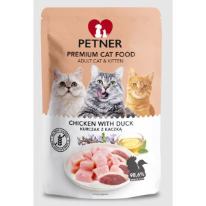 Petner Premium Mokra Karma Dla Dorosłych Kotów i Kociąt z Kurczakiem i Kacz