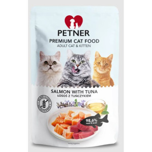 Petner Premium Mokra Karma Dla Dorosłych Kotów i Kociąt z Łososiem i Tuńczy