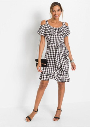 Bonprix Kopertowa Sukienka Cold Shoulder W Kratę Falbany Mini 36-38 937707