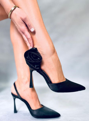 Szpilki satynowe z kwiatem FLORES BLACK 38