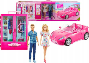 Barbie Szafa Garderoba + Auto Kabriolet + 2 Lalki
