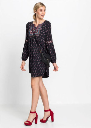 Bonprix Czarna Luźna Krótka Sukienka Damska Wzór Boho Haft 36-38 943490