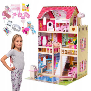 Drewniany Domek Dla Lalek Xxl Basen + Meble + Led
