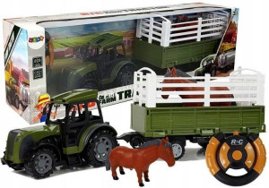 Zielony Traktor z Wysoką Przyczepą Figurka Konia