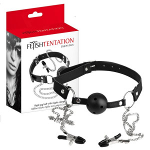 Knebel z zaciskami na sutki Rigid Gag Ball With Nipple Clamps