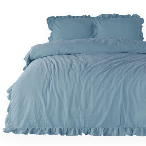 Luksusowa Pościel bawełniana  200x220(P) STONEWASHED z falbanką blue