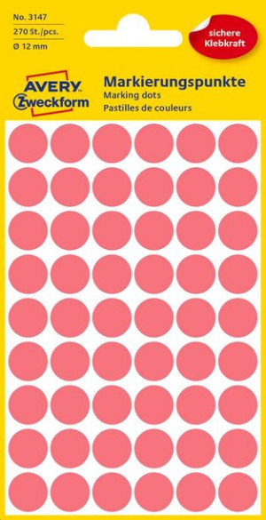 Etykieta biurowa Kropki (koła) śr. 12mm (270szt.) fluo czerwone 3147 Avery