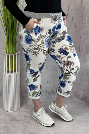Bawełniane Spodnie Dresowe Plus Size Flowers Białe Uni