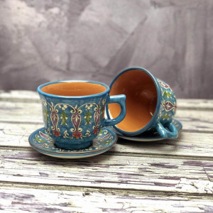 Duży kubek ceramiczny z podstawką ręcznie zdobiony „Kwitnąca polana” 210ml