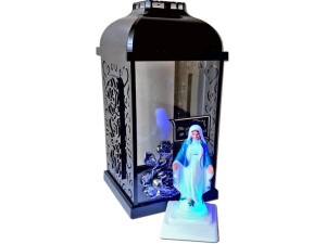Znicz Lampion Fer Ii Czarny Srebrna Róża+figurka Led
