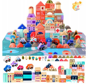 Drewniane klocki Miasto Auta 115 klocków + puzzle