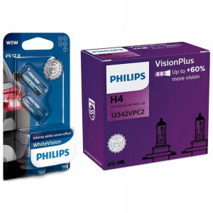 Żarówki Philips H4 +60% + W5w White Vision 4300k