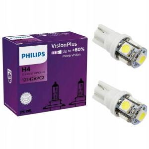 Żarówki Philips H4 Vision Plus +60% + W5w Led