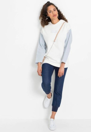 Bonprix Biała Luźna Cienka Bluza Damska Kaptur Nadruk Napisy 44-46 926879