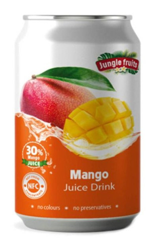 Napój Jungle Fruits w puszce posiada 30% soku z mango bez barwników