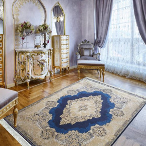 Dywan jedwabny klasyczny do salonu VAVEL Granatowy 02 QUM SILK