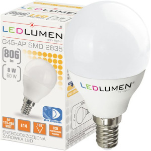Żarówka LED E14 KULKA G45 8W=60W 806lm CCD Ciepła LEDLUMEN