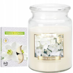 ZESTAW Świeca w szkle DUŻA + Tealight Białe Kwiaty